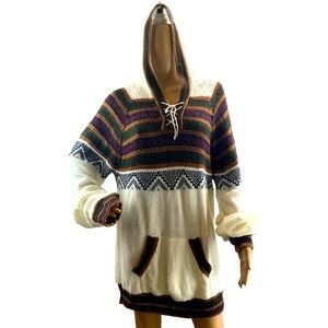 Artesania Cream Striped Kangaroo Pocket‎ Baja Hoodie Sz Med Western Indie Sleaze